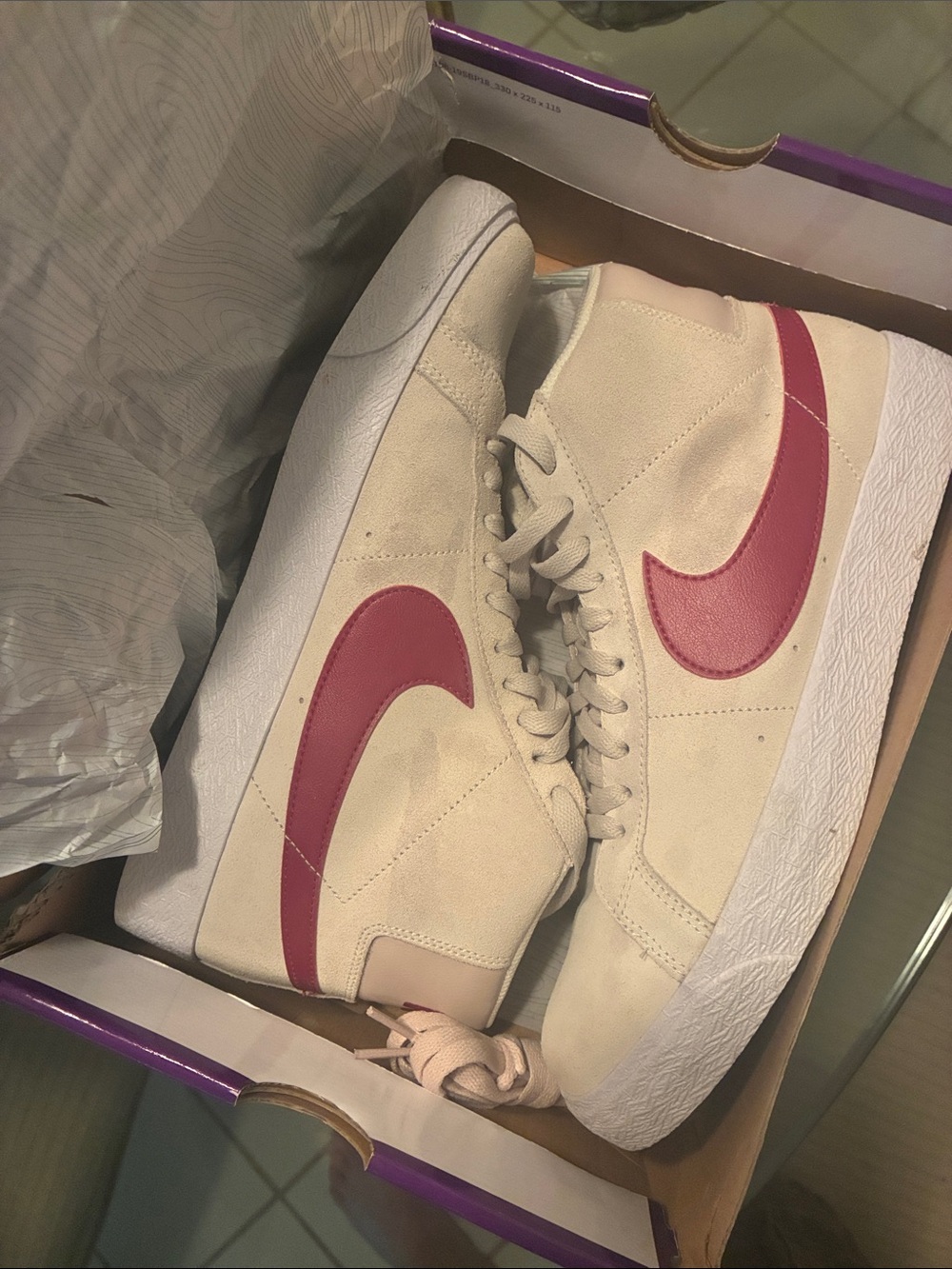 Nike men’s Cream Suede Sneakers with Dark Red Swoosh